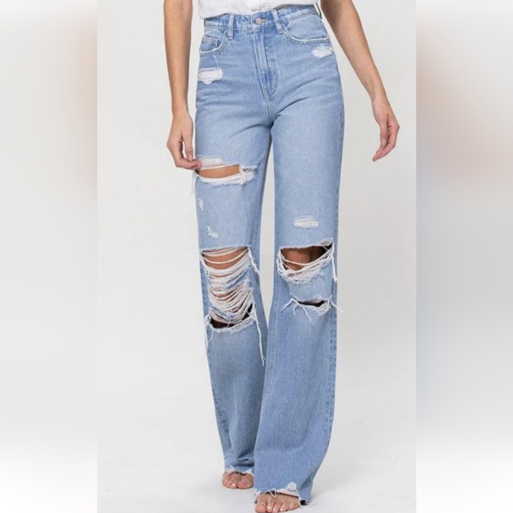 VERVET BY FLYING MONKEY Light Blue Ripped Straight Jeans